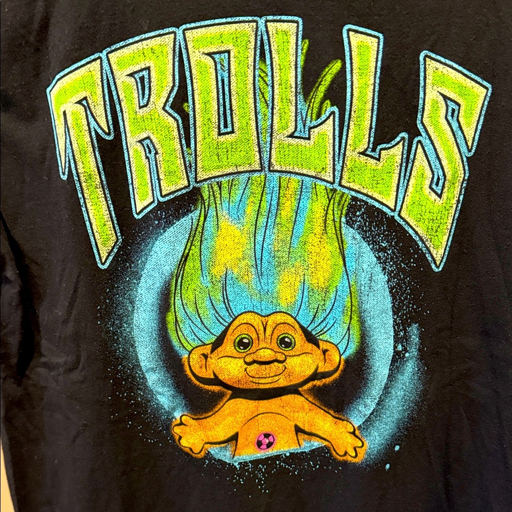 Dream Works Good Luck Trolls Graphic Black T-Shirt w/ Green Blue Graphics Large